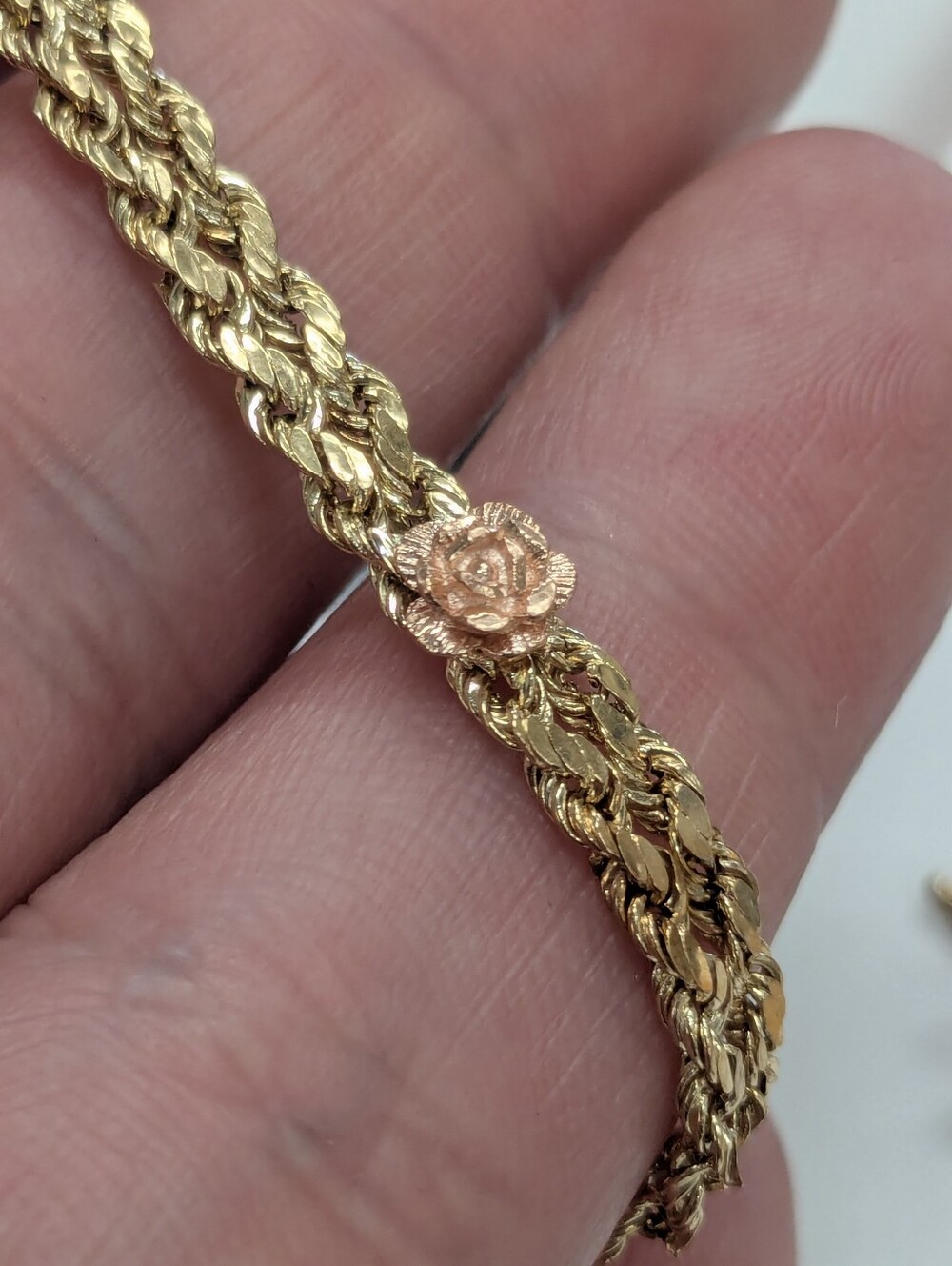 14k Yellow Gold Double Rope Bracelet With Rose Flower Details Women's 7.5" - Picture 6 of 16